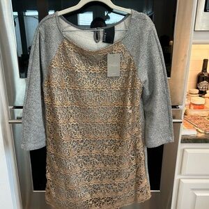 Anthropologie Gray Tunic with Gold Lace Overlay
